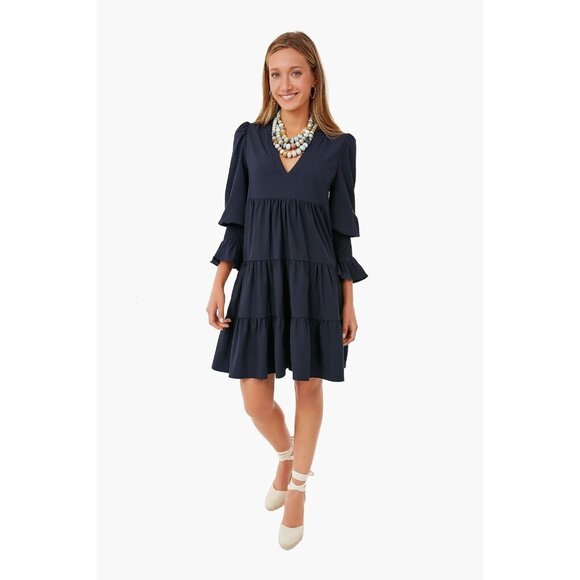 Pomander Place by Tuckernuck Navy Blue Crepe Kenzo Mini Dress sz S Tiered NWT - Picture 5 of 5